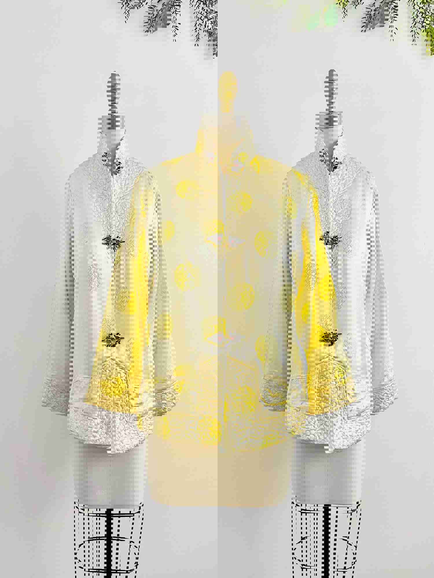Vintage Chinese Embroidered Jacket with Pockets - Lemon Sorbet Color