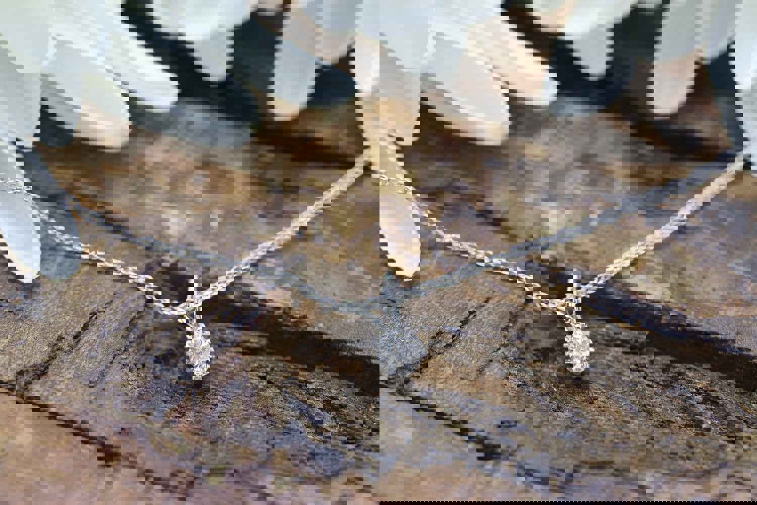 14k Diamond Solitaire Pendant with Wheat Chain Necklace