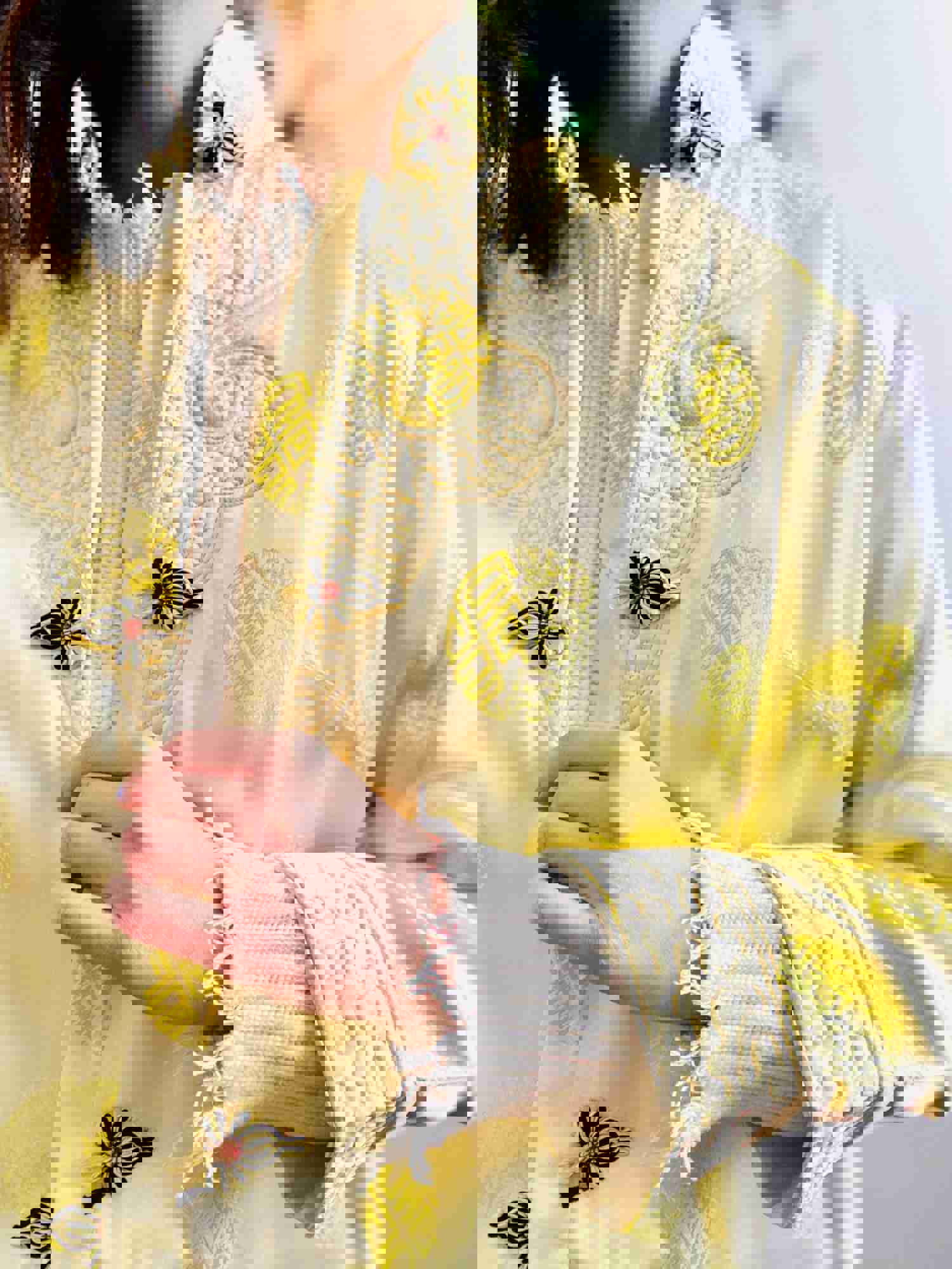 Vintage Chinese Embroidered Jacket with Pockets - Lemon Sorbet Color