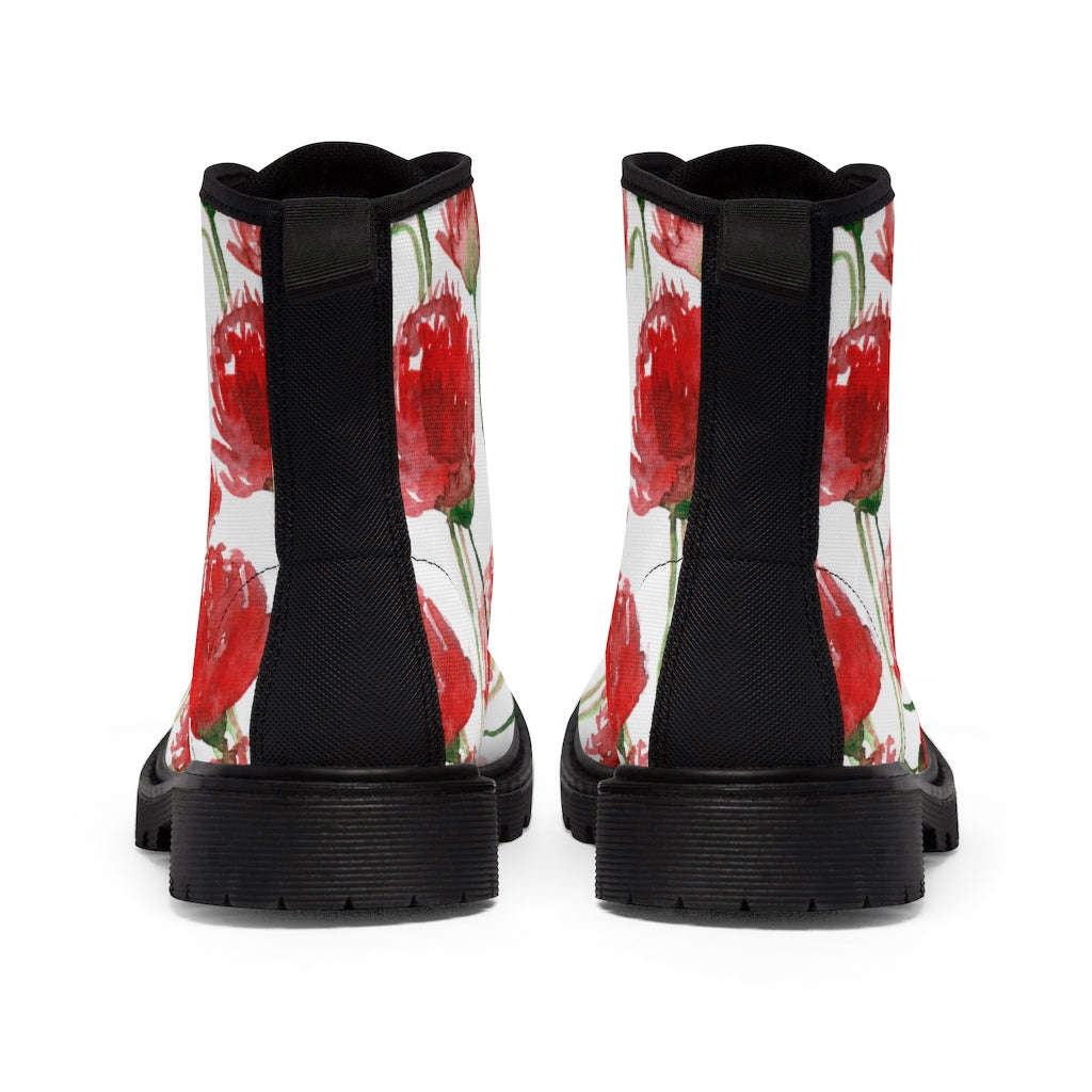 Red Poppy Floral Women's Boots - White Hiking Combat Lace-Up Boots