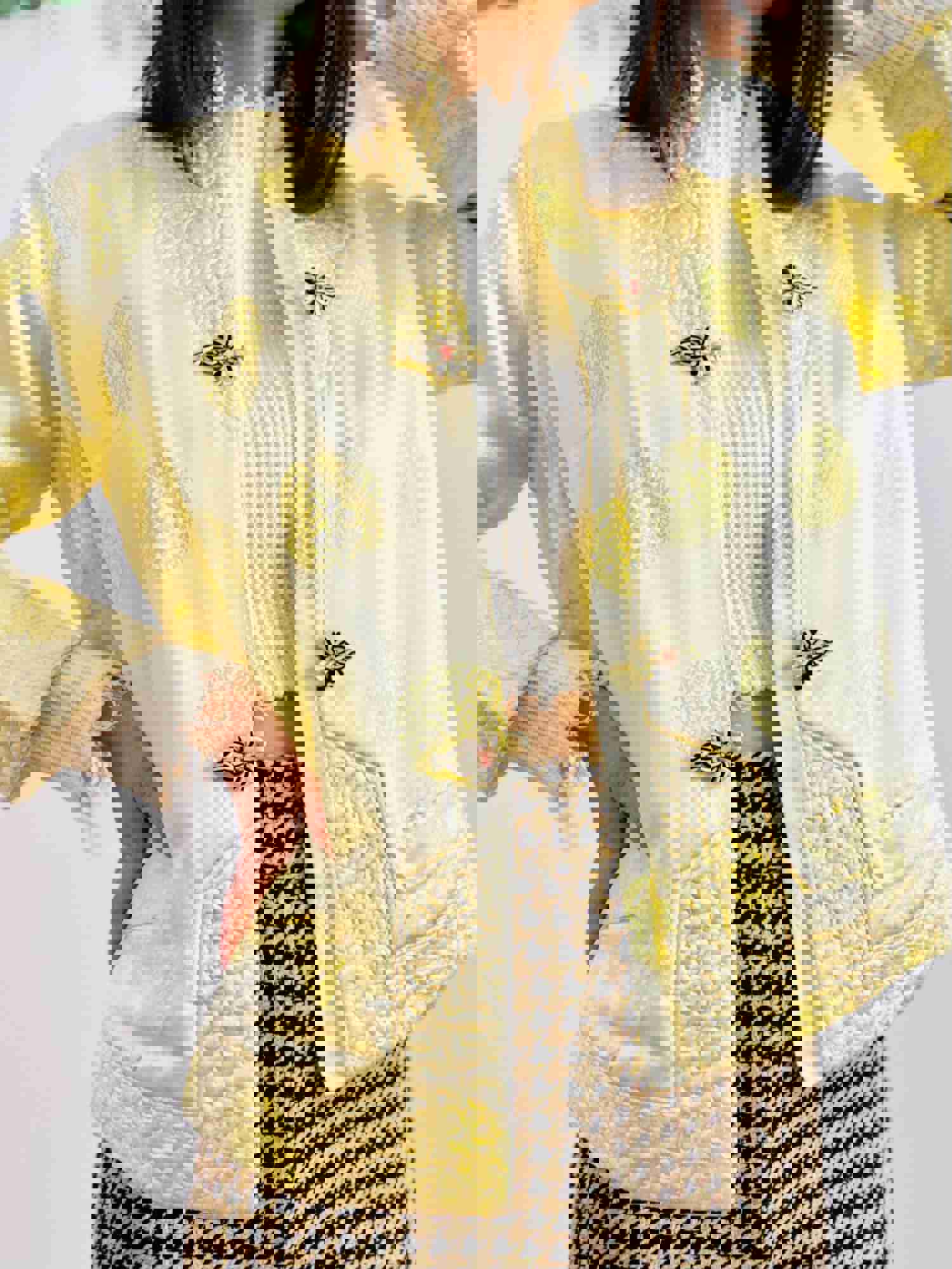 Vintage Chinese Embroidered Jacket with Pockets - Lemon Sorbet Color