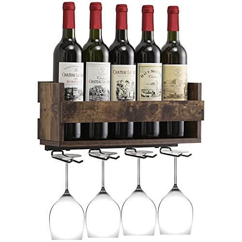 Giikin Vintage Wall Mounted Wine Rack - Holds 5 Bottles & 4 Glasses, Retro Brown