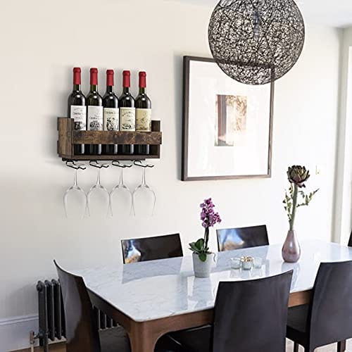 Giikin Vintage Wall Mounted Wine Rack - Holds 5 Bottles & 4 Glasses, Retro Brown
