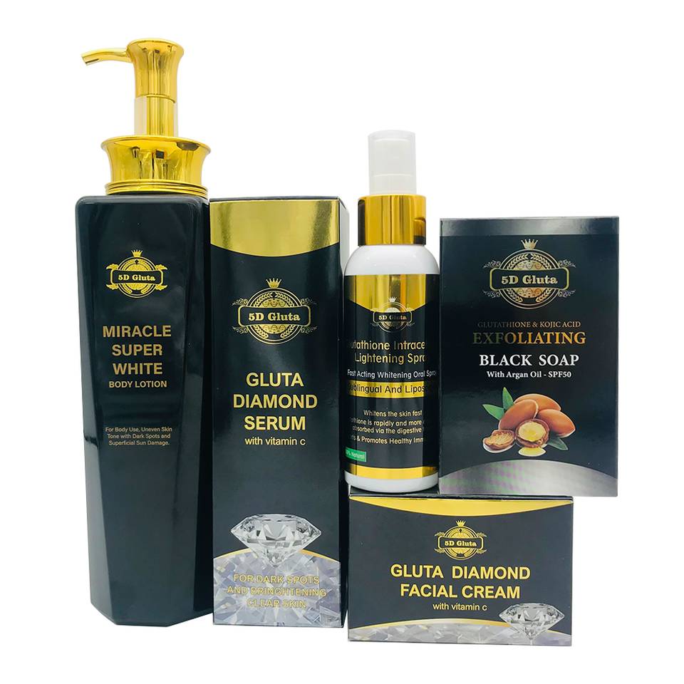 5D Gluta Whitening Skincare Set for African Skin - Lotion, Cream, Spray & Soap
