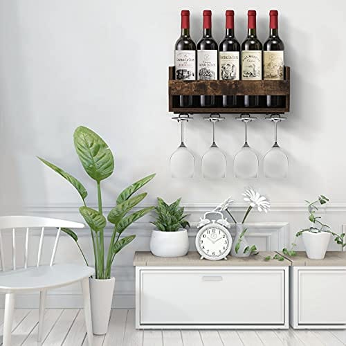 Giikin Vintage Wall Mounted Wine Rack - Holds 5 Bottles & 4 Glasses, Retro Brown