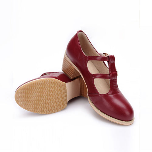 Retro Wine Red Double Buckles Mid Heel Lolita Shoes