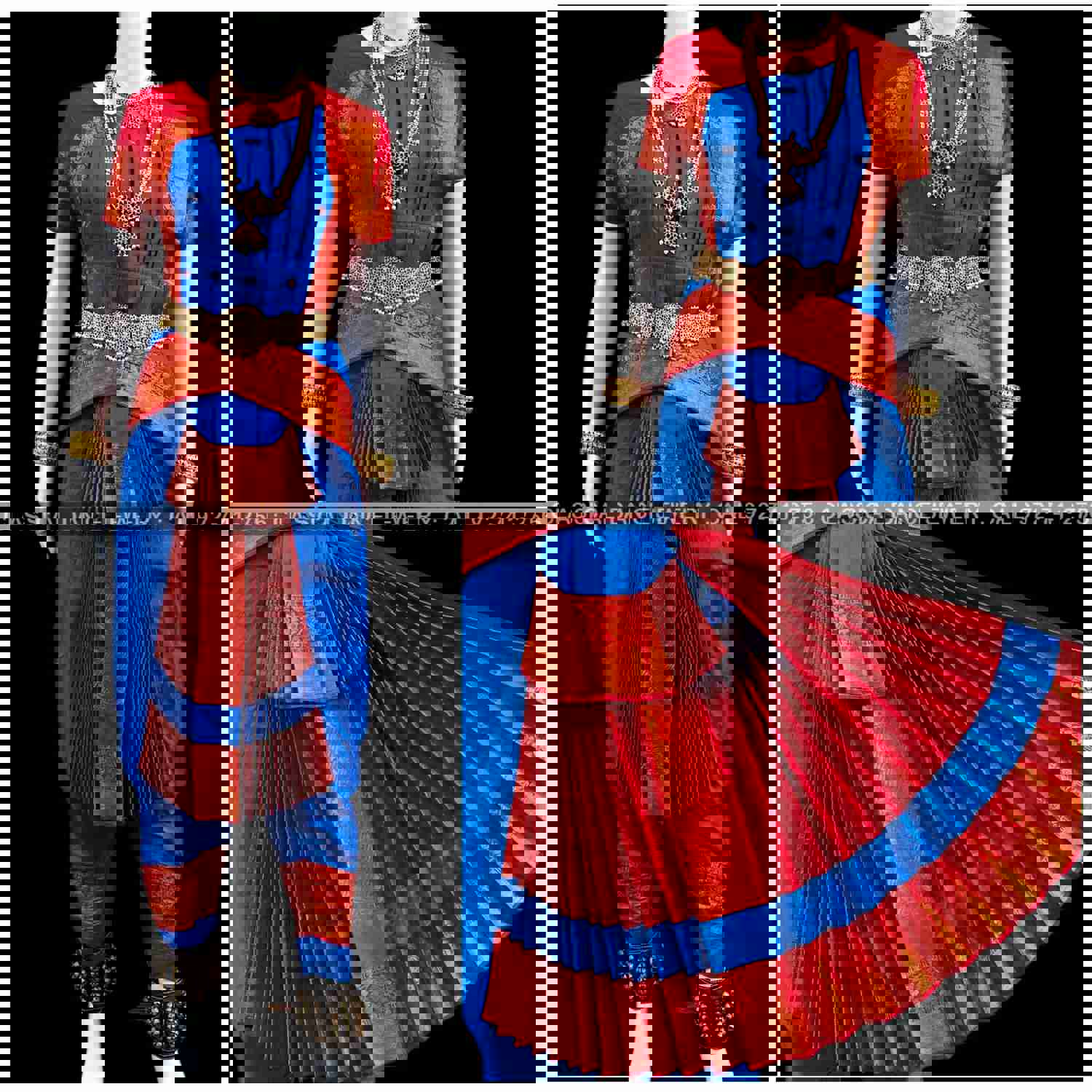 BLUE RED 36 Inch Pant Length Bharatanatyam Copper Zari Dance Costume | Art Silk Dharmavaram Kanchi | Classical Dance Jewelry