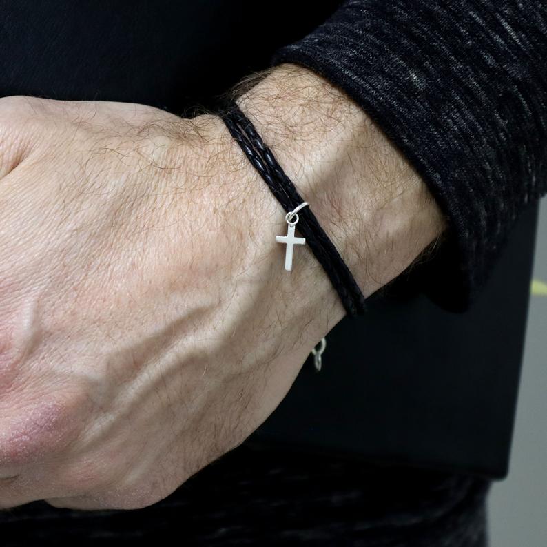 Christian Cross Bracelet - Minimalist Leather & Sterling Silver Jewelry for Men