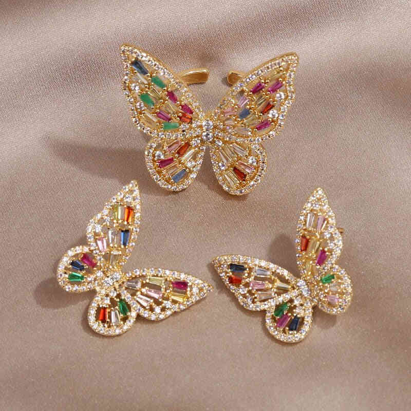 Exaggerated Butterfly Ring Earrings - Jewelry Copper Inlaid with Colored Zircon for Women's Prom Party