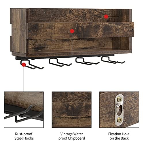 Giikin Vintage Wall Mounted Wine Rack - Holds 5 Bottles & 4 Glasses, Retro Brown