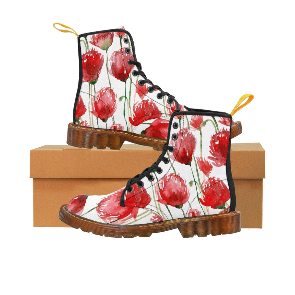 Red Poppy Floral Women's Boots - White Hiking Combat Lace-Up Boots