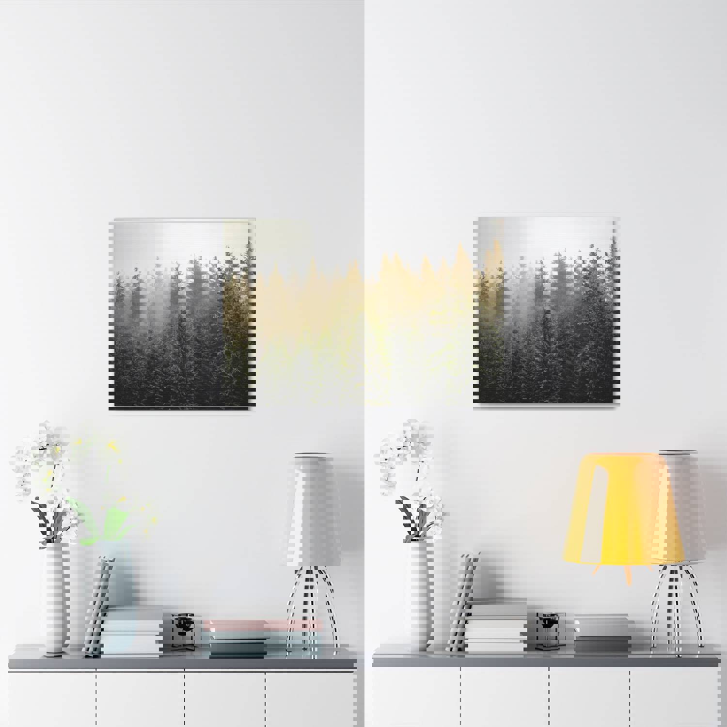 Misty Pine Tree Forest Nature Wilderness Photography Canvas Wall Art for Home Decor