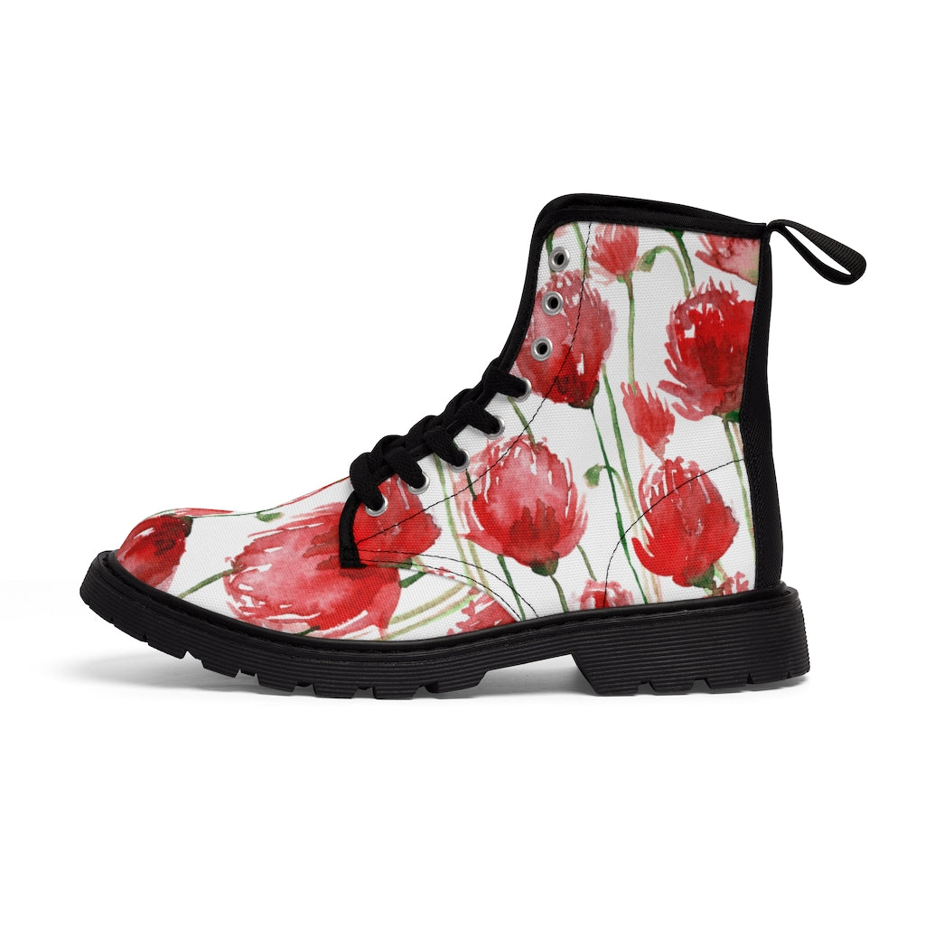 Red Poppy Floral Women's Boots - White Hiking Combat Lace-Up Boots