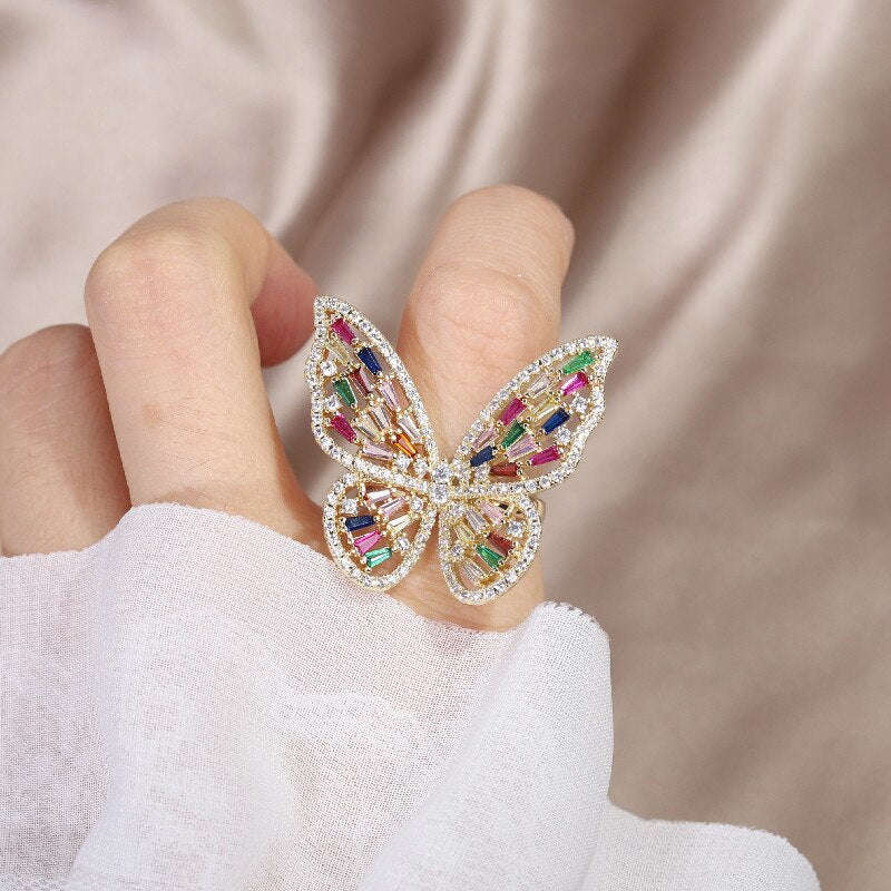 Exaggerated Butterfly Ring Earrings - Jewelry Copper Inlaid with Colored Zircon for Women's Prom Party