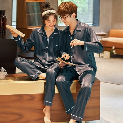 Luxury Satin Silk Pajama Set for Couples - Long Sleeve Sleepwear