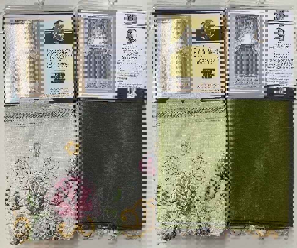 Rita Green Kitchen Curtains and Swag Set with Embroidery, 36 Long