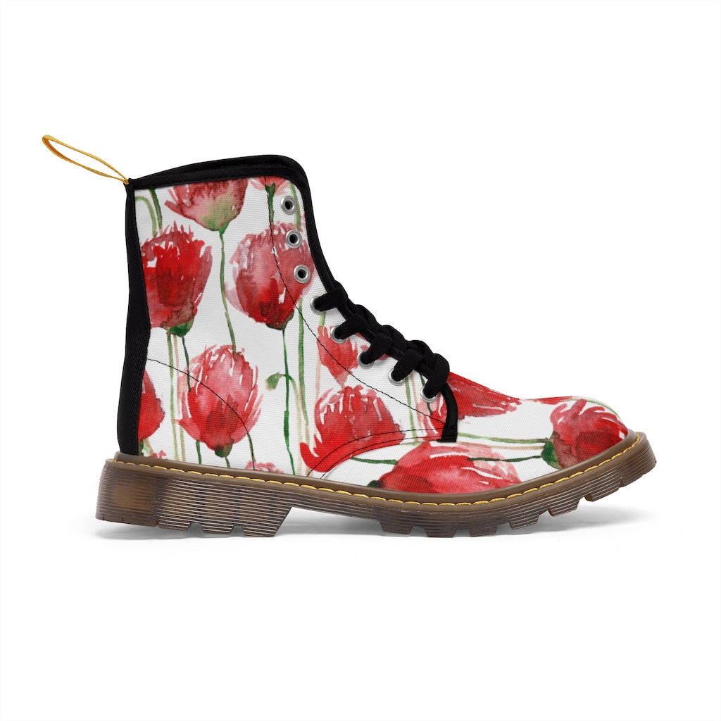 Red Poppy Floral Women's Boots - White Hiking Combat Lace-Up Boots