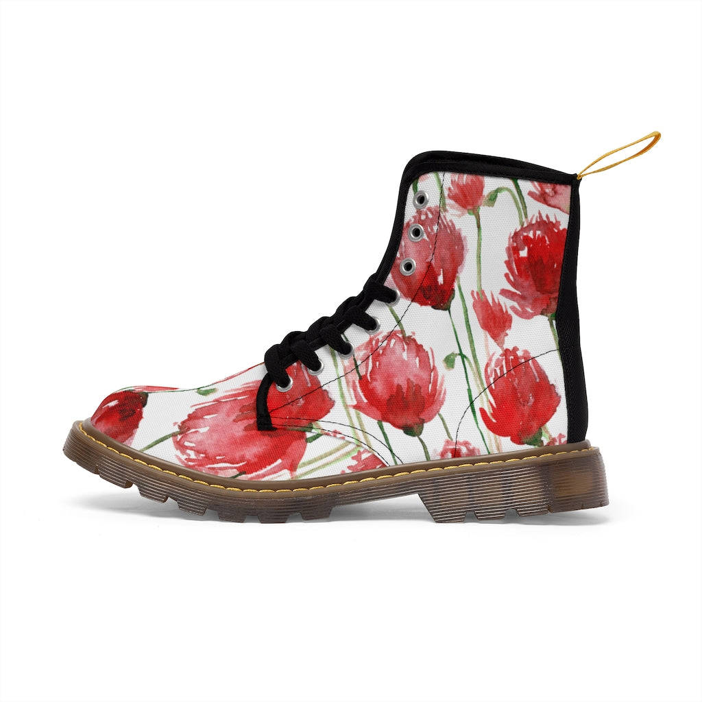 Red Poppy Floral Women's Boots - White Hiking Combat Lace-Up Boots