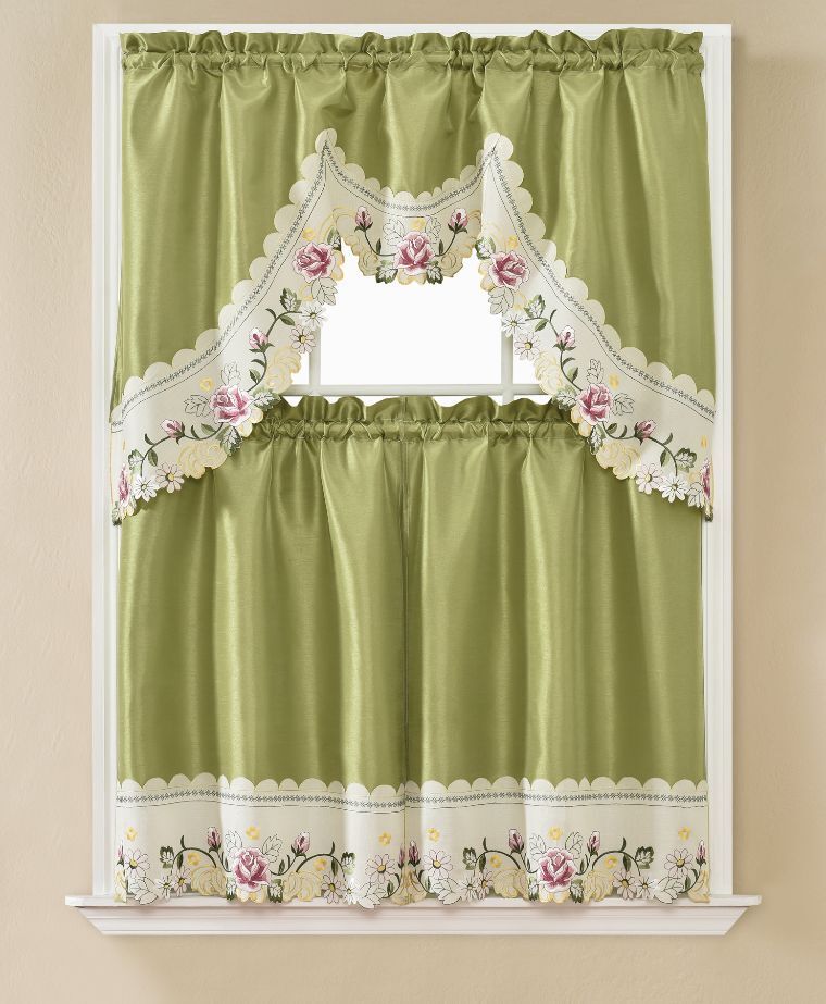 Rita Green Kitchen Curtains and Swag Set with Embroidery, 36 Long