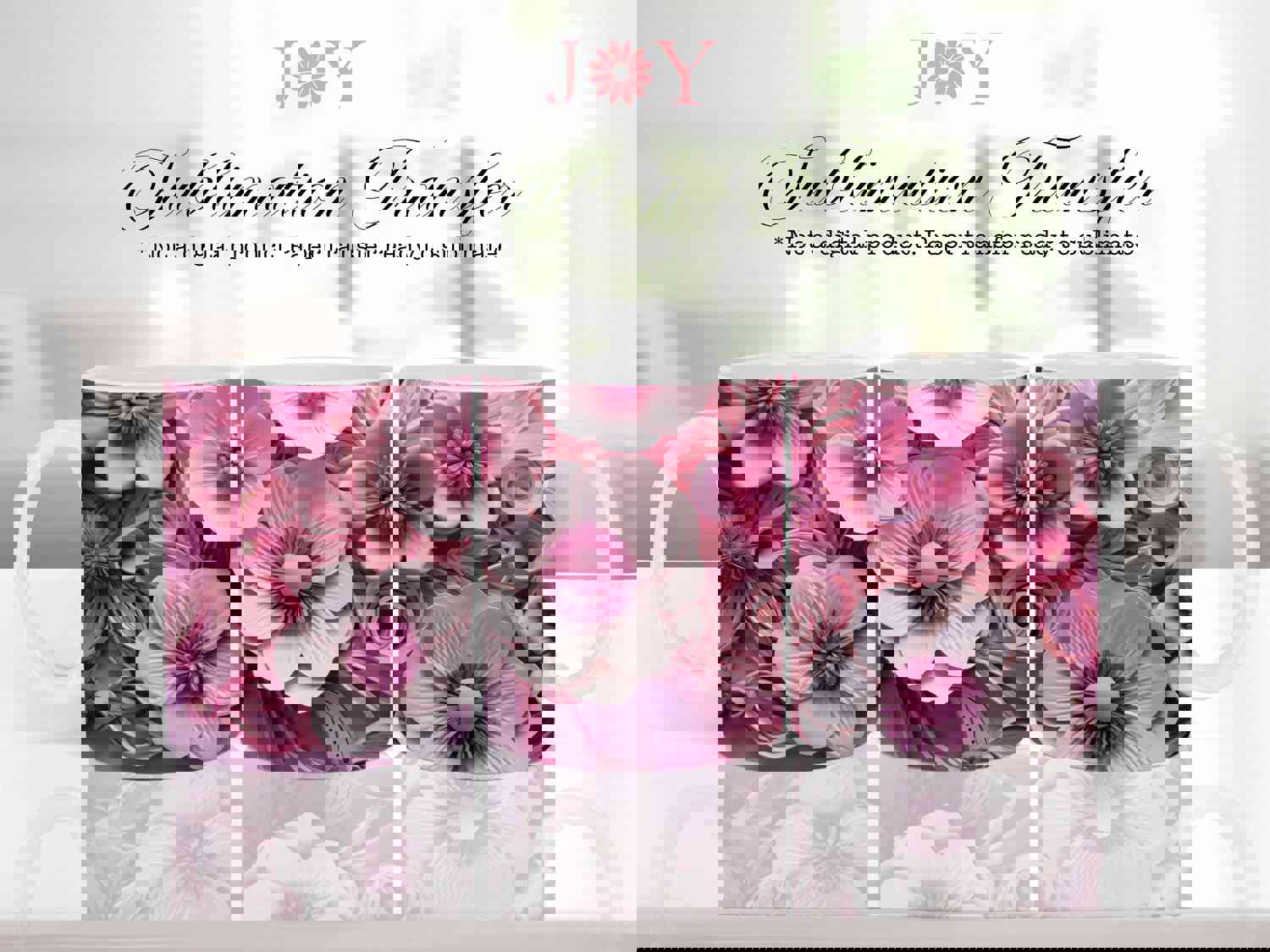 3D Pink Flowers Sublimation Transfer Sheet for Mugs - Ready to Press (11 oz, 12 oz, 15 oz)