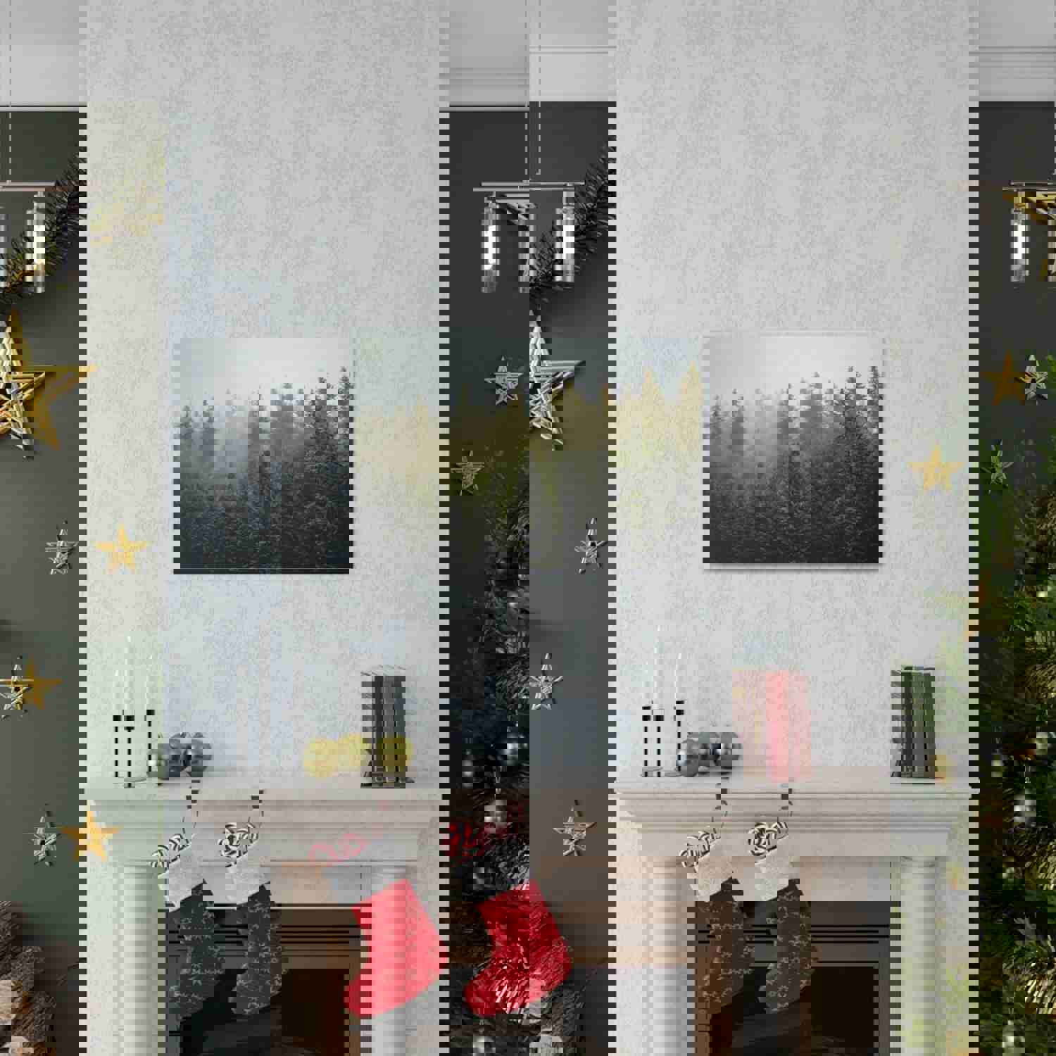 Misty Pine Tree Forest Nature Wilderness Photography Canvas Wall Art for Home Decor