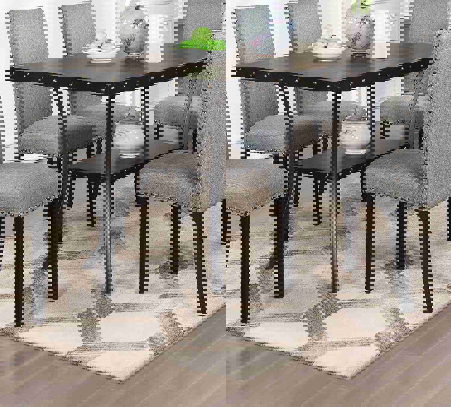 Natural Wooden Rectangular Dining Table with Nailheads and Storage Shelf