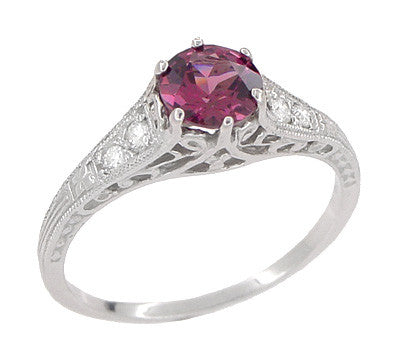1920s Art Deco Raspberry Rhodolite Garnet and Diamond Filigree Engagement Ring in Platinum