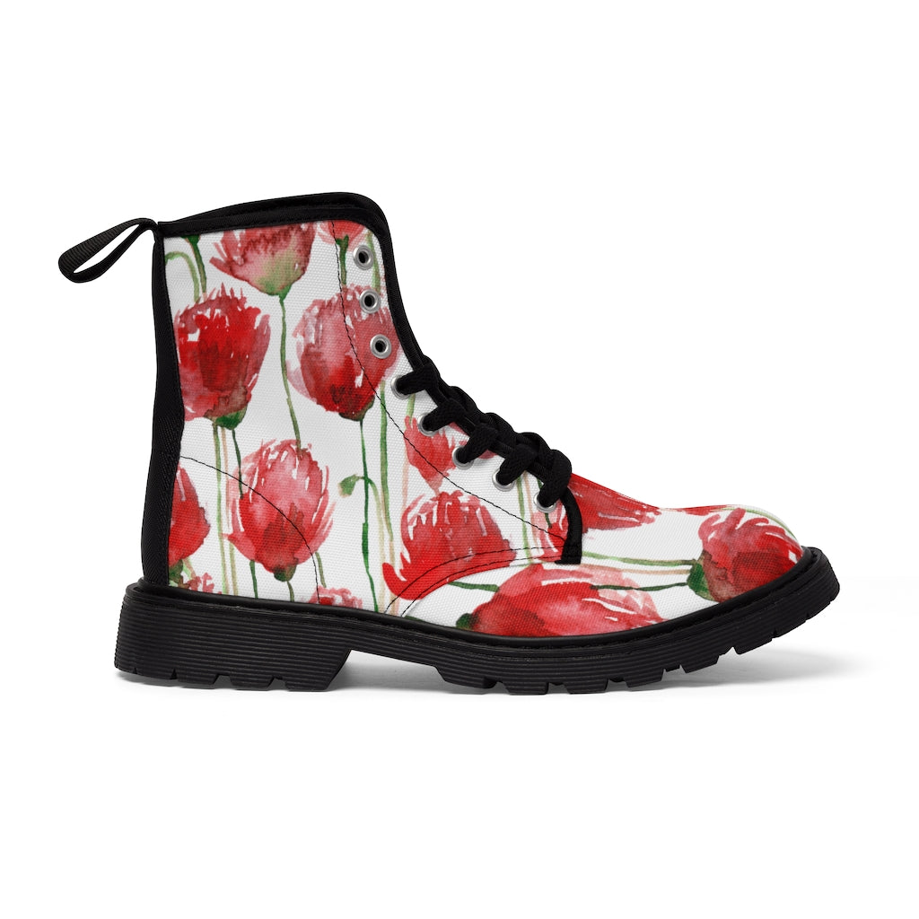Red Poppy Floral Women's Boots - White Hiking Combat Lace-Up Boots