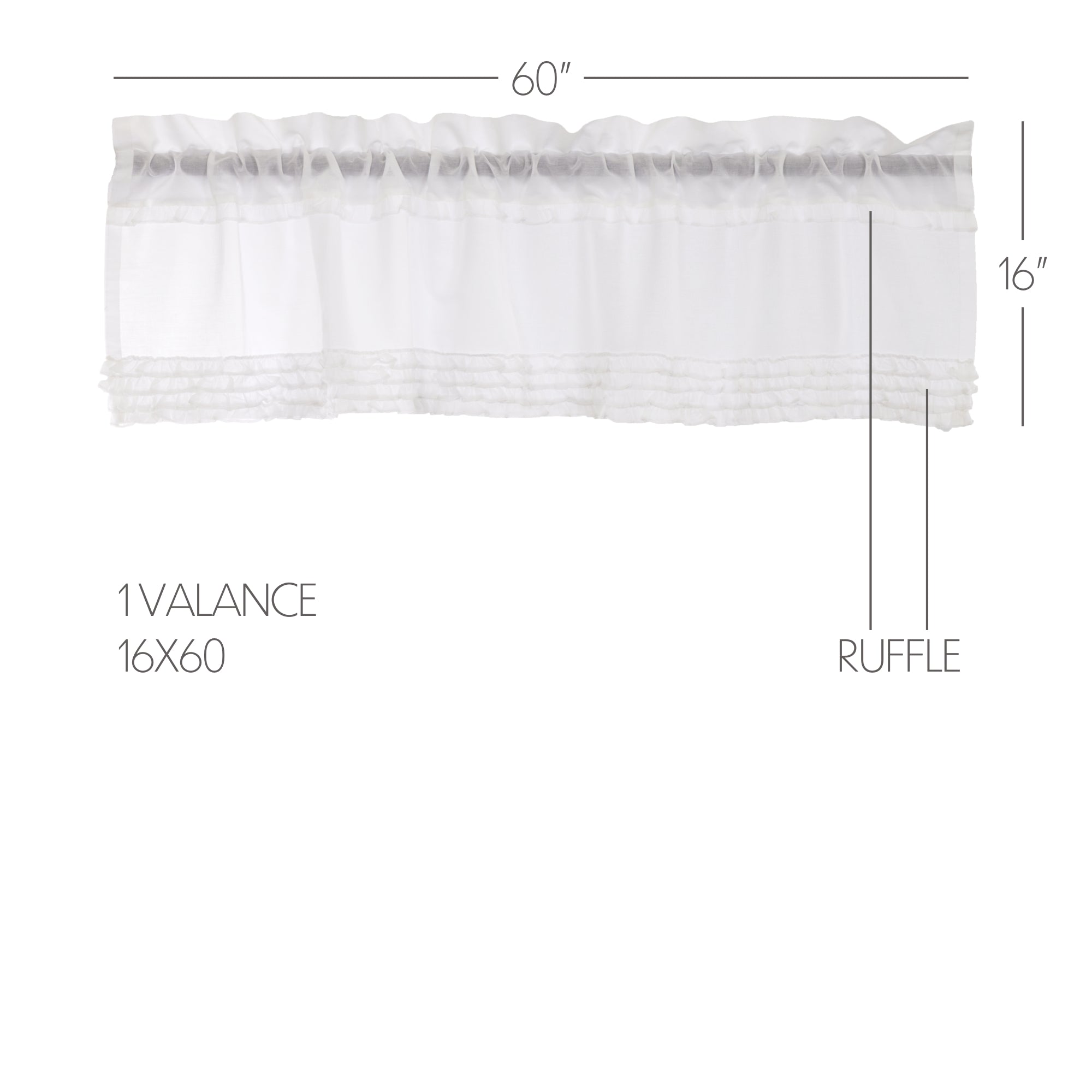 White Ruffled Sheer Valance 16x60 - Lightweight Vintage Farmhouse Window Treatment