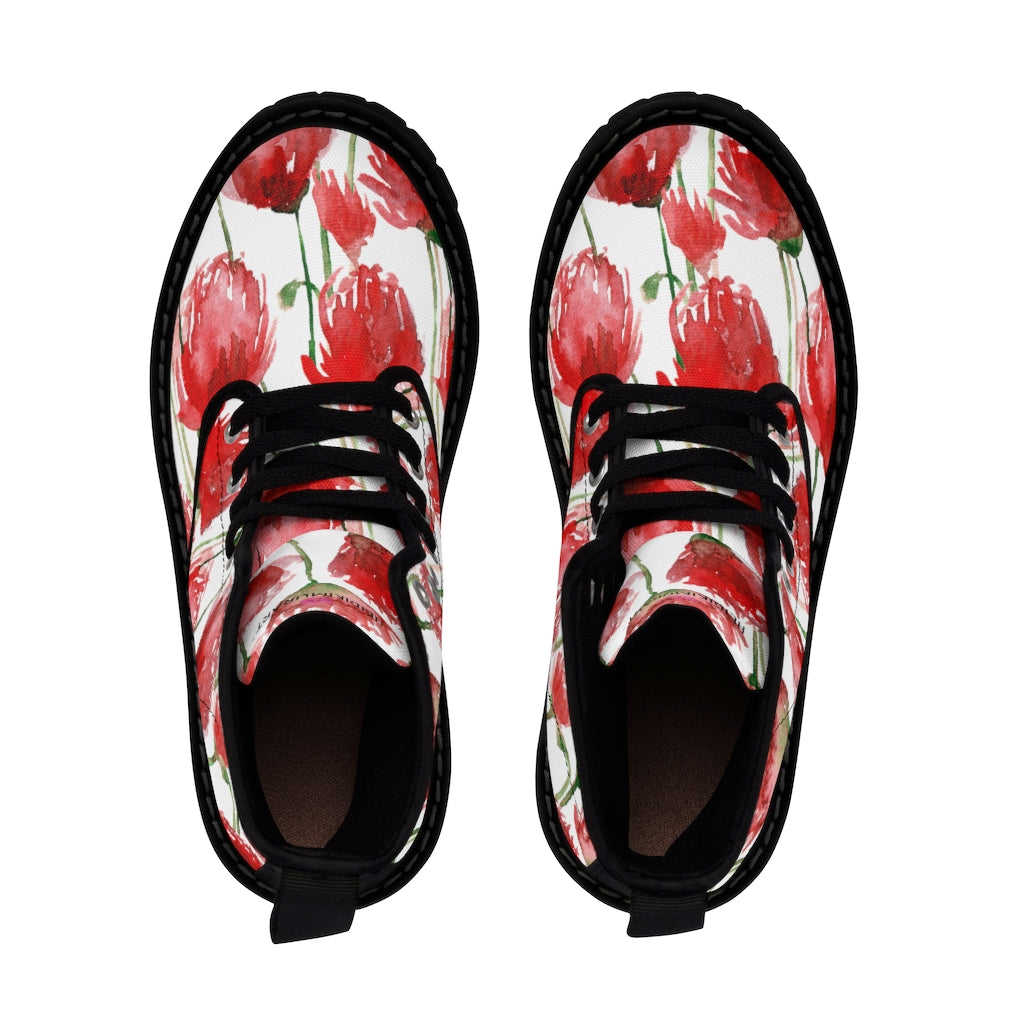 Red Poppy Floral Women's Boots - White Hiking Combat Lace-Up Boots