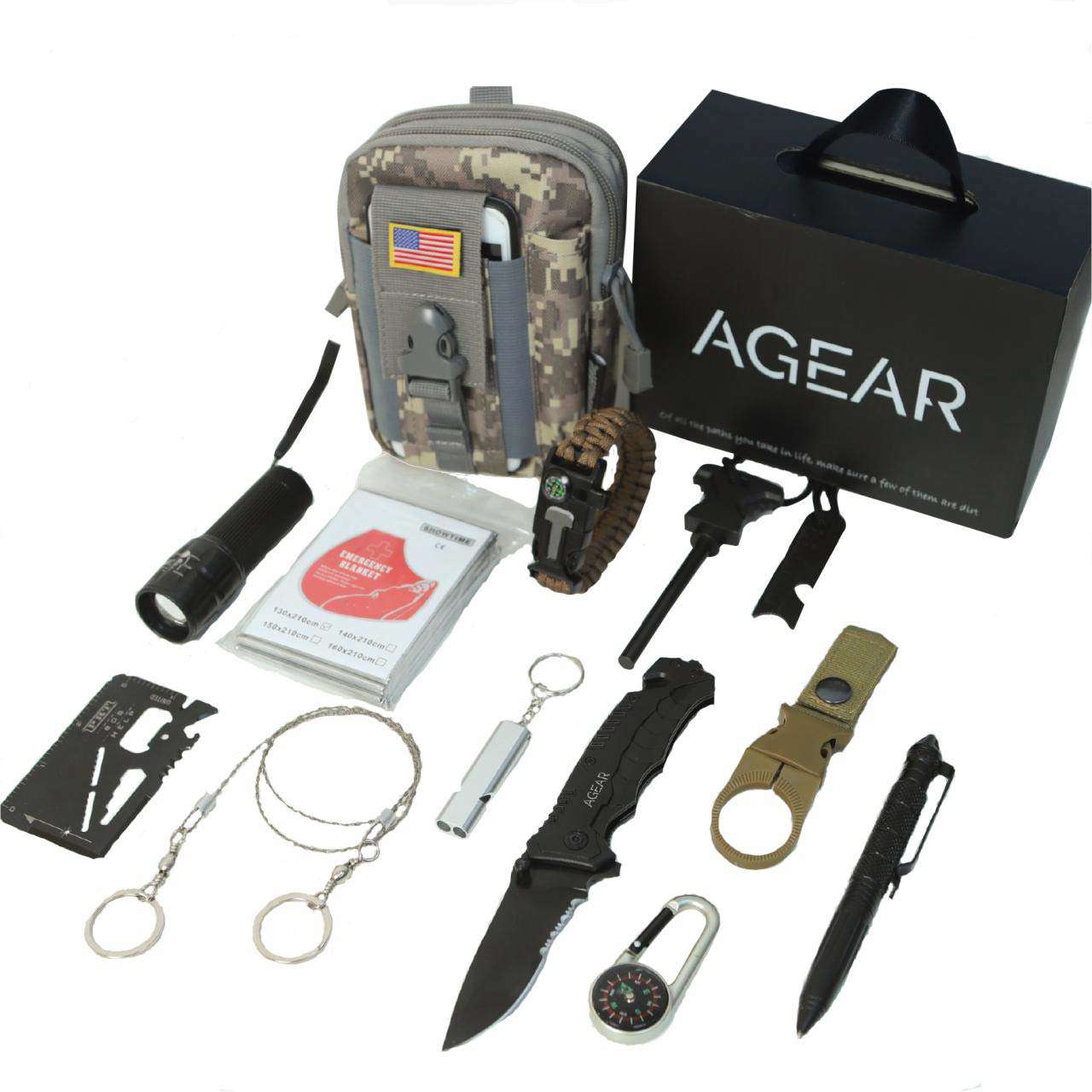 AGEAR 14-in-1 Survival Gear Kit with Tactical Knife, Fire Starter, and Emergency Blanket for Outdoor Adventures