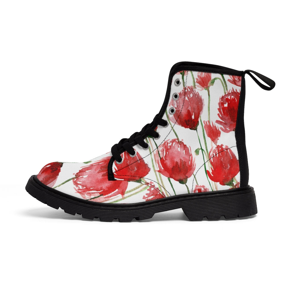 Red Poppy Floral Women's Boots - White Hiking Combat Lace-Up Boots