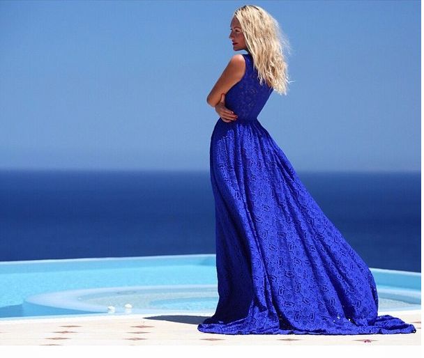 Romantique Bleu Roi / Rouge Dentelle Boutique Maxi Longueur Train Evening Dress