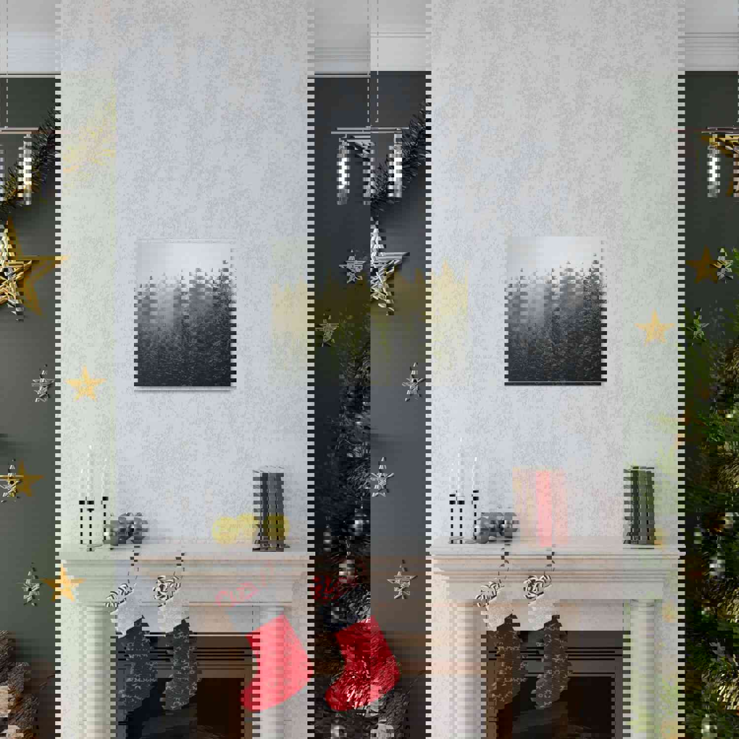 Misty Pine Tree Forest Nature Wilderness Photography Canvas Wall Art for Home Decor