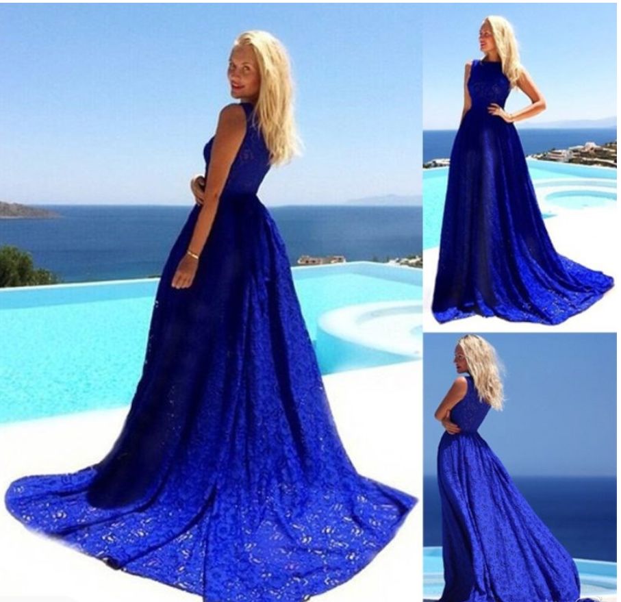 Romantique Bleu Roi / Rouge Dentelle Boutique Maxi Longueur Train Evening Dress