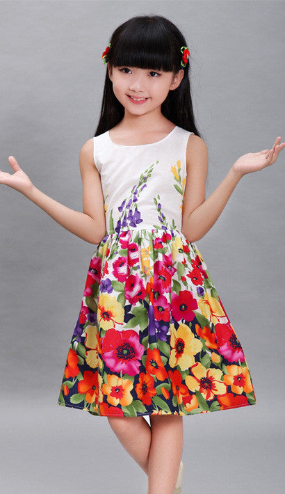 New Girls Dresses 100% Cotton Fashion Floral Colorful Party Birthday Casual Kids Clothing Size 4-12