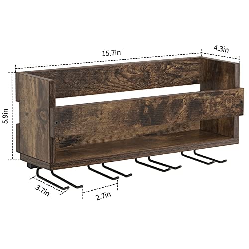 Giikin Vintage Wall Mounted Wine Rack - Holds 5 Bottles & 4 Glasses, Retro Brown