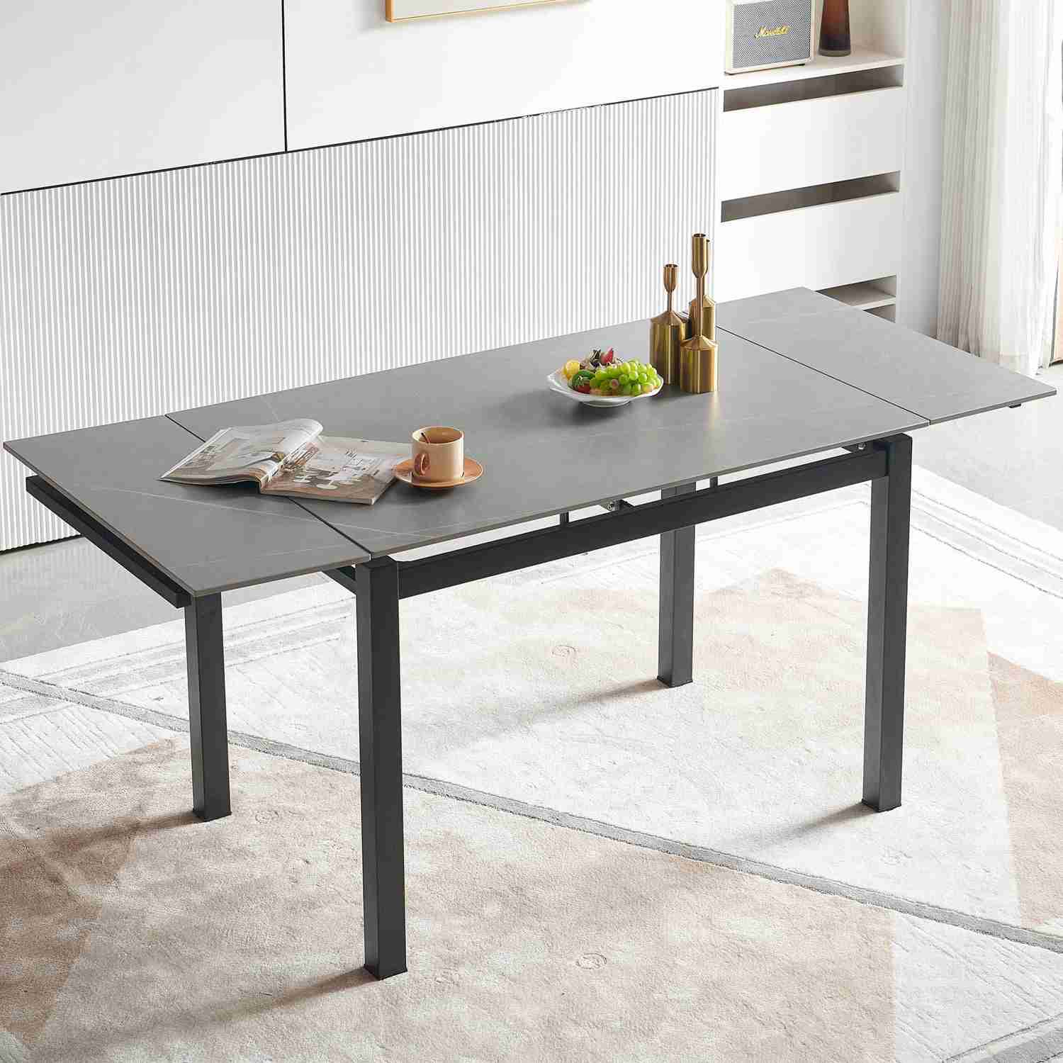 Grey Ceramic Modern Rectangular Expandable Dining Room Table For Space-Saving Kitchen Small Space