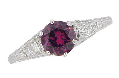 1920s Art Deco Raspberry Rhodolite Garnet and Diamond Filigree Engagement Ring in Platinum