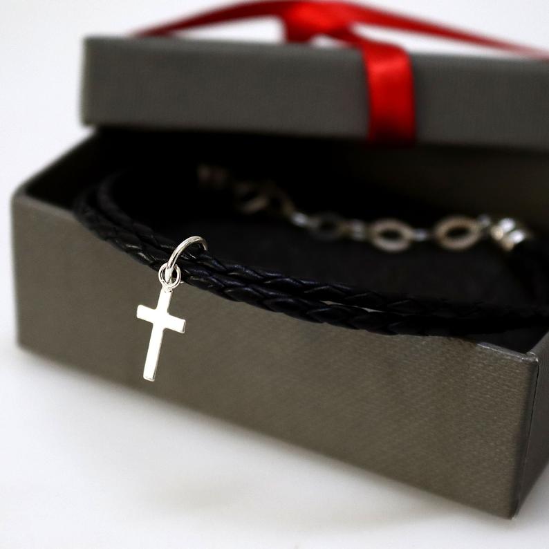 Christian Cross Bracelet - Minimalist Leather & Sterling Silver Jewelry for Men