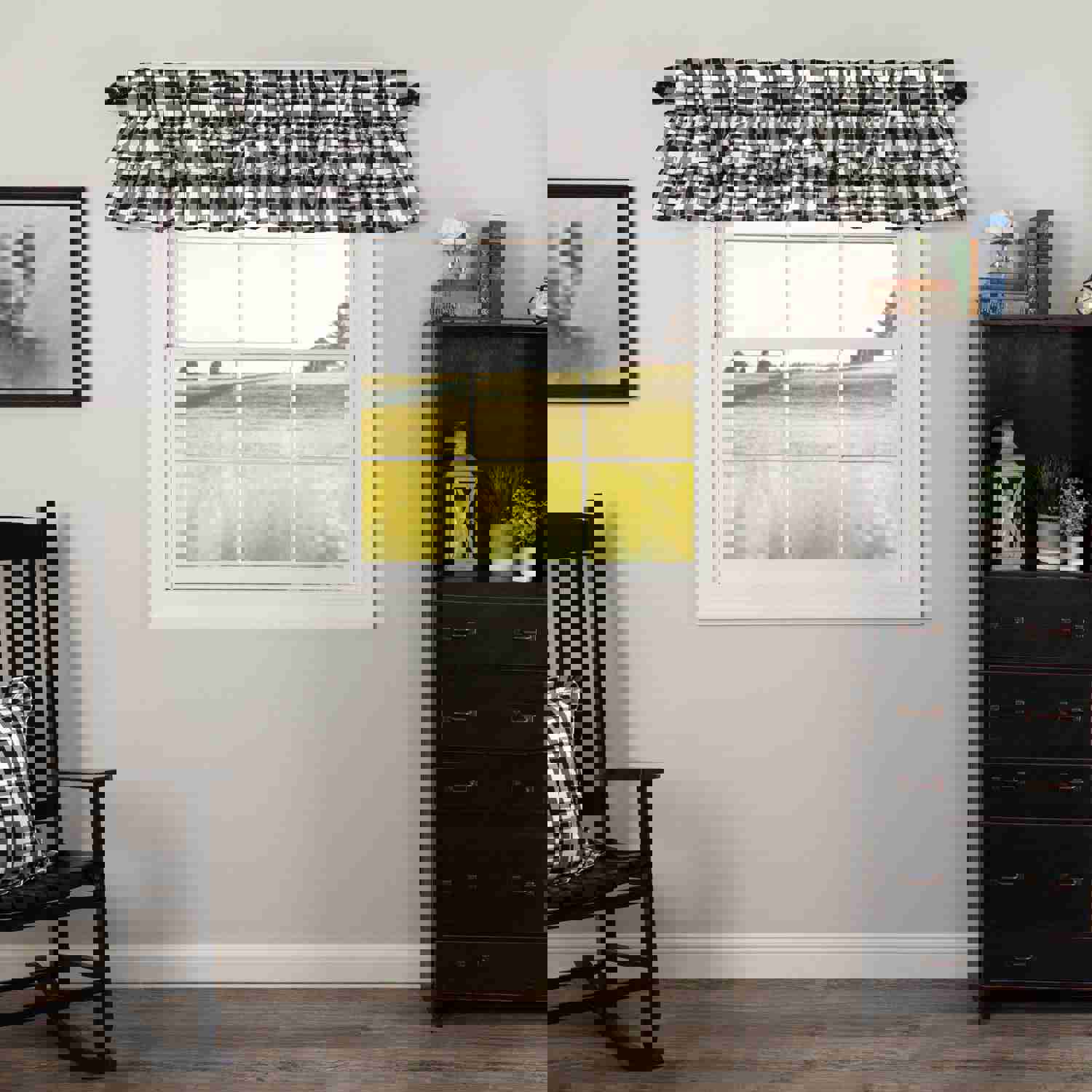 Annie Buffalo Black Check Ruffled Valance 16x72 - Classic Farmhouse Style Window Decoration