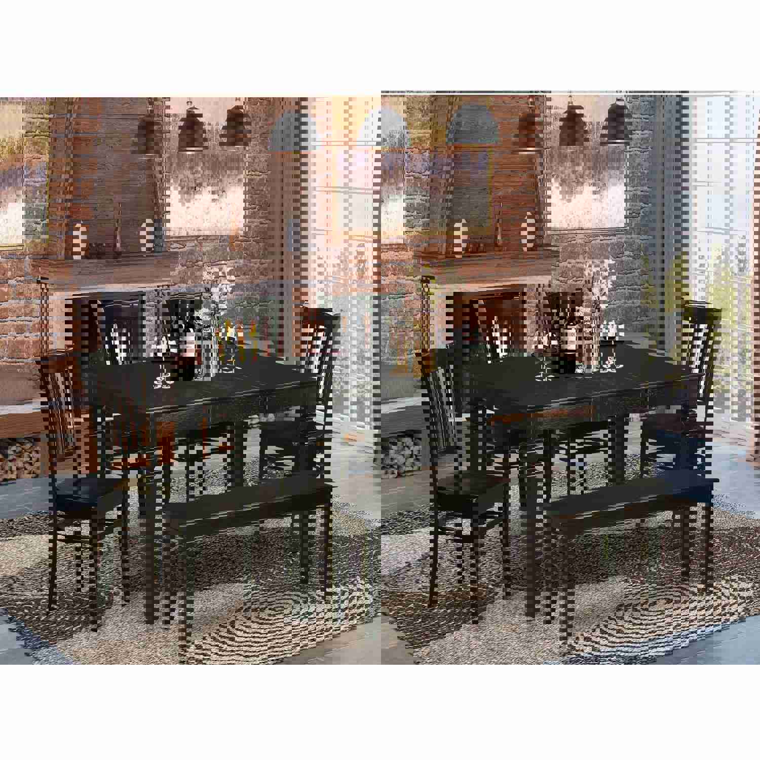 East West Furniture 6-Piece Kitchen Table Set with Butterfly Leaf and Bench, Black