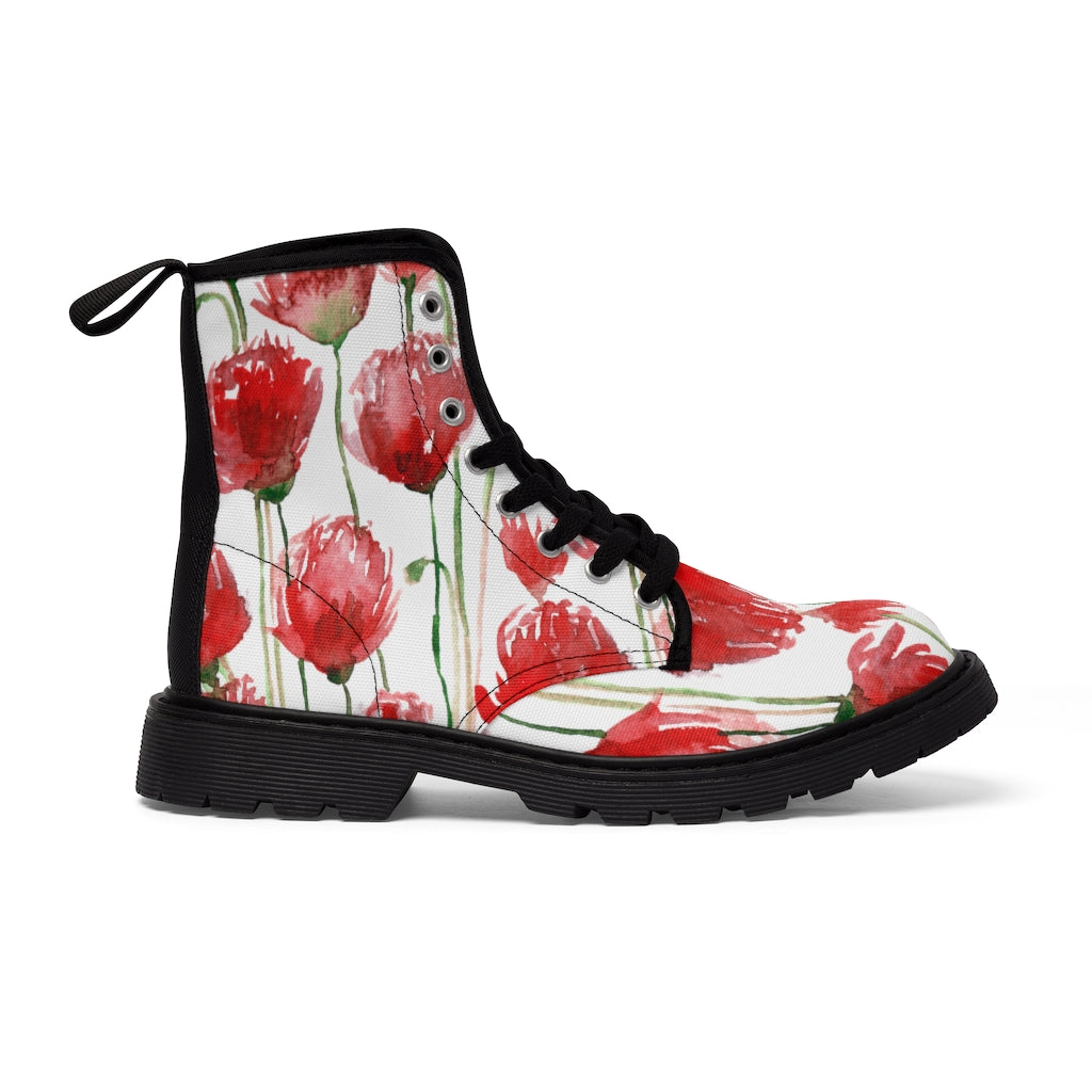 Red Poppy Floral Women's Boots - White Hiking Combat Lace-Up Boots