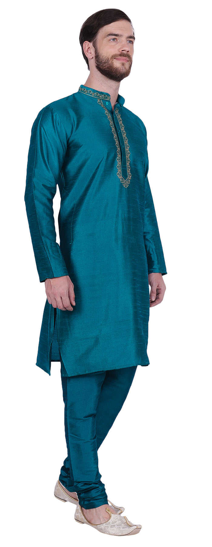 Men's Dupion Silk Kurta Pajama with Scarf - Turquoise Indian Traditional Wear