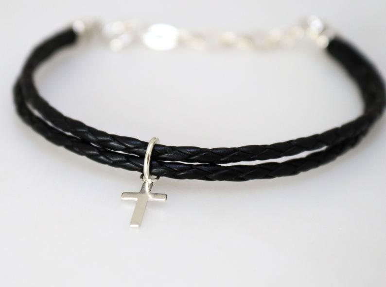 Christian Cross Bracelet - Minimalist Leather & Sterling Silver Jewelry for Men