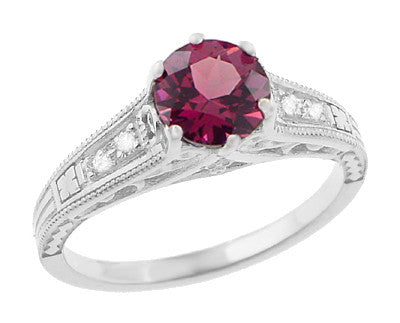 1920s Art Deco Raspberry Rhodolite Garnet and Diamond Filigree Engagement Ring in Platinum
