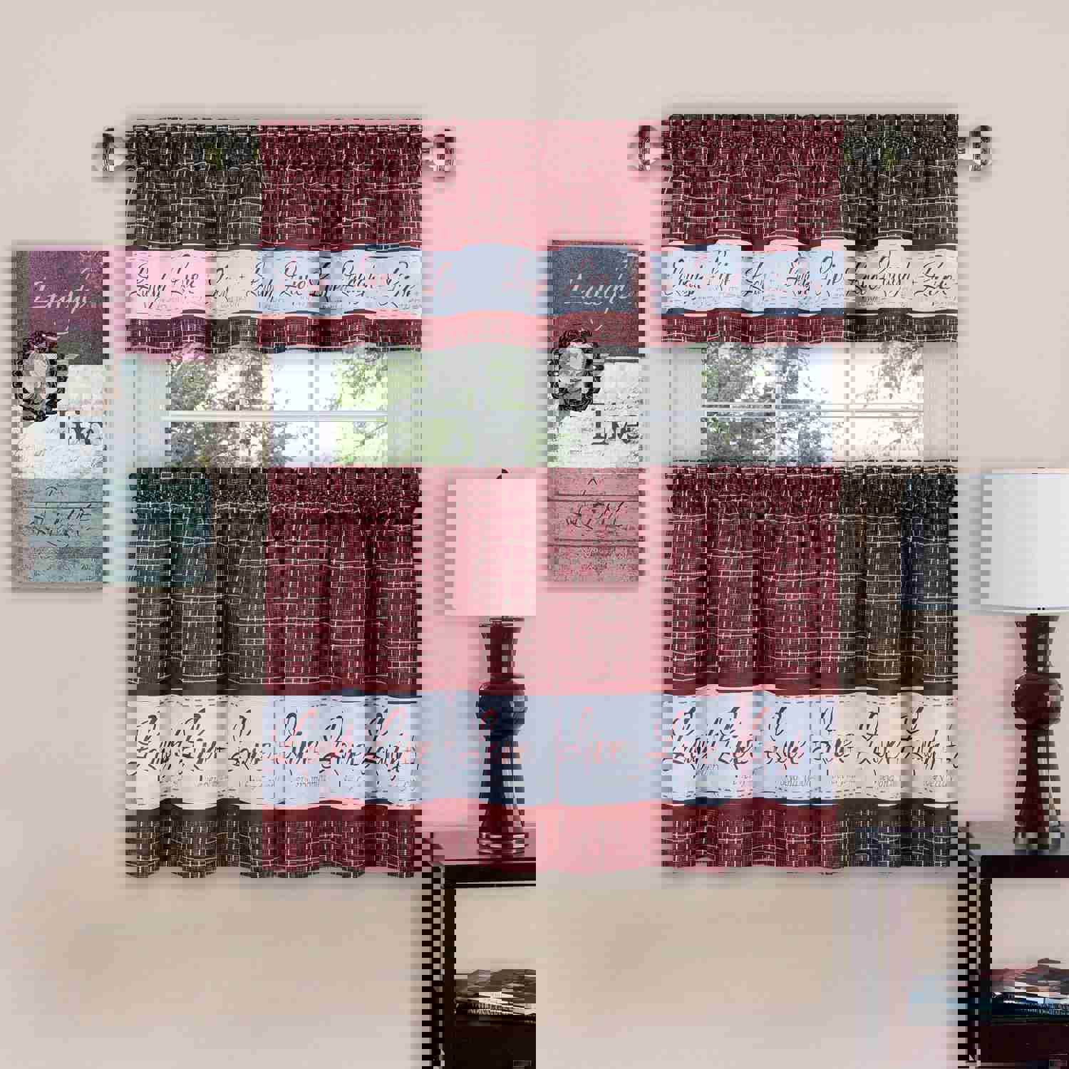 Live Laugh Love 3-Piece Kitchen Curtain Set - Burgundy