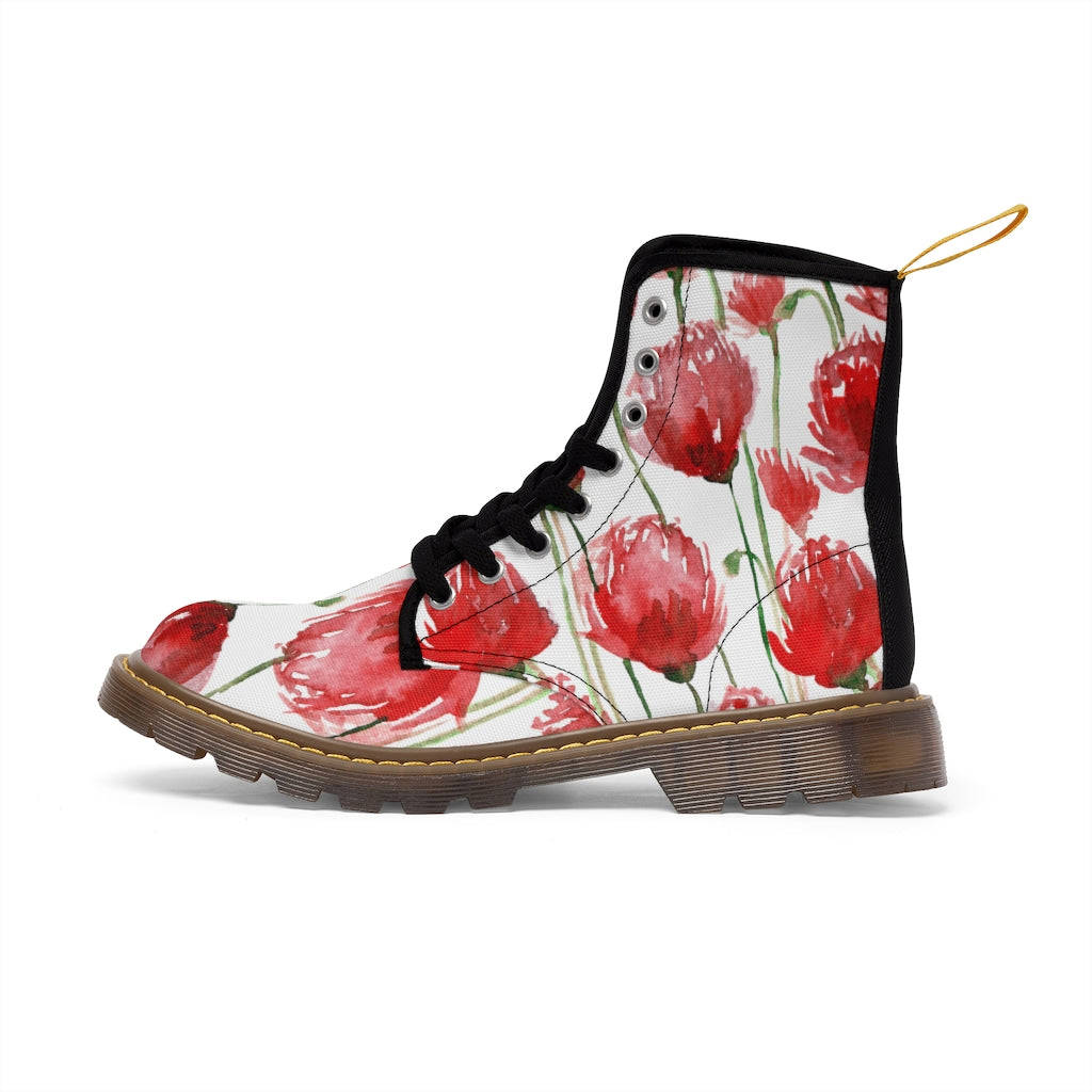 Red Poppy Floral Women's Boots - White Hiking Combat Lace-Up Boots