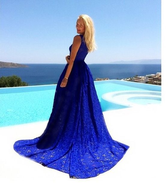 Romantique Bleu Roi / Rouge Dentelle Boutique Maxi Longueur Train Evening Dress