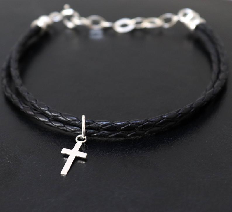 Christian Cross Bracelet - Minimalist Leather & Sterling Silver Jewelry for Men
